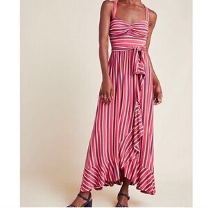 Maeve for Anthropologie Pink and Red Striped Maxi Dress